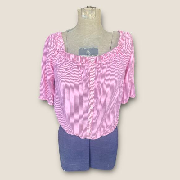 Forever 21 Pink Striped Crop Peasant Top - Picture 1 of 8